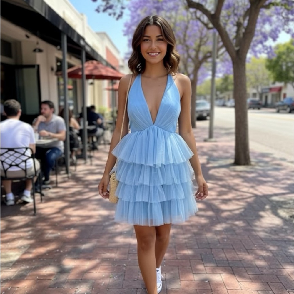 Chic Blue Tiered Tulle Dress